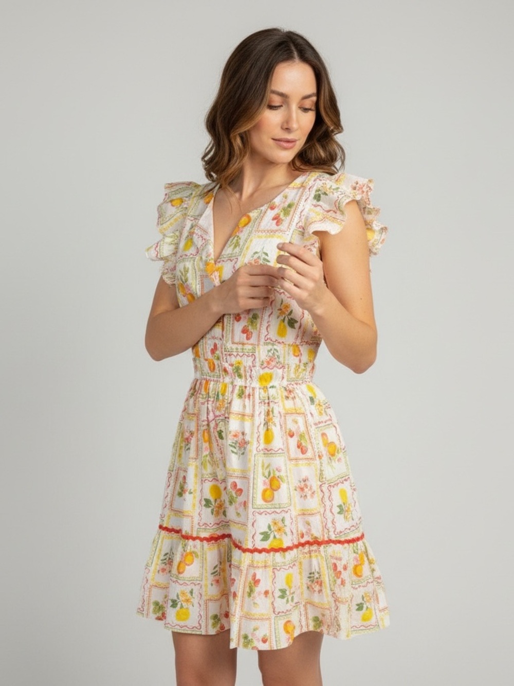 NWT Rachel Zoe 100% Cotton Fruit Floral Ruffle Tiered Dress Size 12 vacation